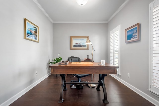 office featuring baseboards, ornamental molding, and dark wood-type flooring