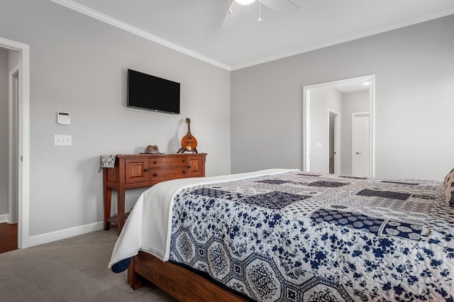 carpeted bedroom with crown molding, baseboards, and ceiling fan