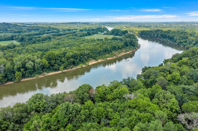 bird's eye view with a water view and a wooded view
