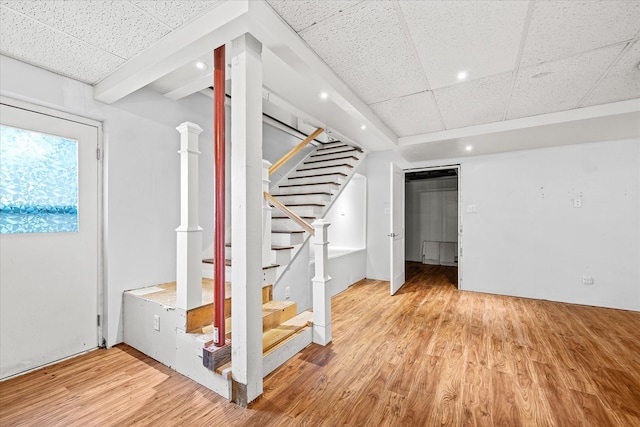5651 S York Hwy, Grimsley, TN 38565 - basement with stairs, wood finished floors, recessed lighting, and a paneled ceiling