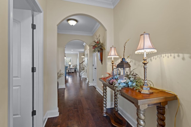 1019 Club View Dr, Gallatin, TN 37066 - hallway with arched walkways, baseboards, ornamental molding, and wood finished floors