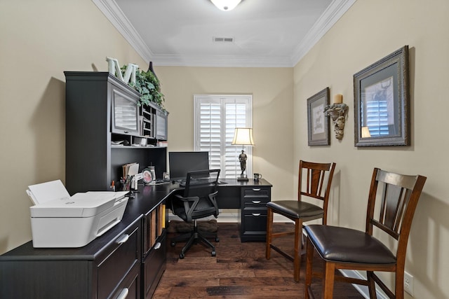 1019 Club View Dr, Gallatin, TN 37066 - office area with baseboards, dark wood-style floors, visible vents, and crown molding