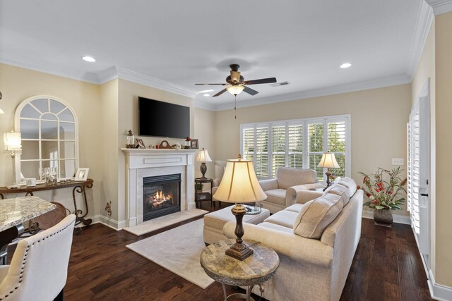 1019 Club View Dr, Gallatin, TN 37066 - living room with a lit fireplace, ceiling fan, visible vents, and wood finished floors