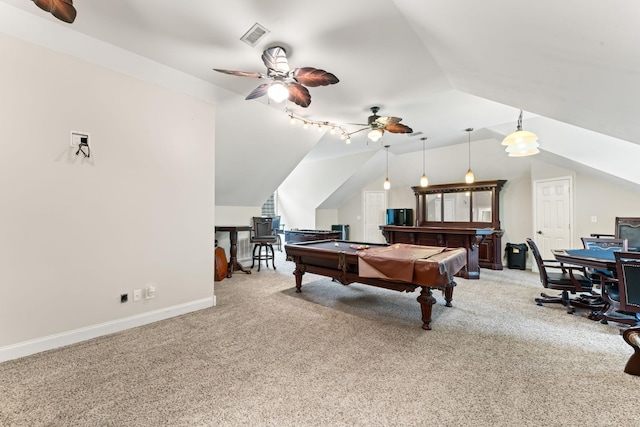 recreation room featuring pool table, lofted ceiling, carpet floors, and a ceiling fan