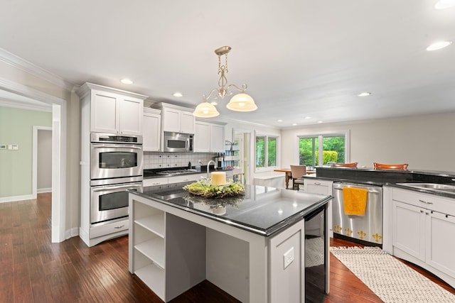 kitchen with wine cooler, stainless steel appliances, white cabinetry, open shelves, and backsplash