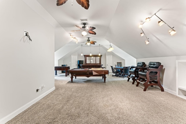 interior space featuring lofted ceiling, baseboards, visible vents, track lighting, and billiards