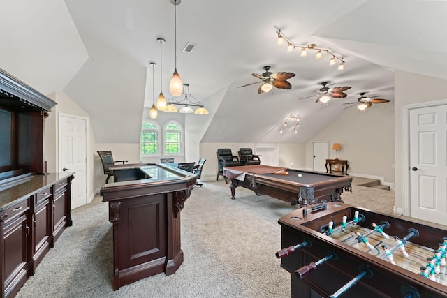 rec room with billiards, ceiling fan, carpet flooring, and vaulted ceiling