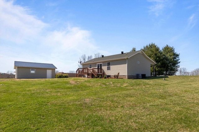 650 Wall Rd, Cunningham, TN 37052 - rear view of property featuring a lawn, an outbuilding, a wooden deck, and central AC