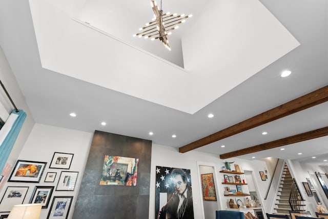 128 37th Ave N, Nashville, TN 37209 - interior details with beamed ceiling, recessed lighting, and a chandelier