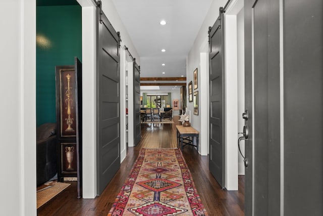 128 37th Ave N, Nashville, TN 37209 - hallway with dark wood-style flooring, recessed lighting, and a barn door