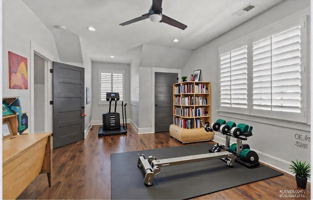 128 37th Ave N, Nashville, TN 37209 - workout room with ceiling fan, baseboards, lofted ceiling, and wood finished floors