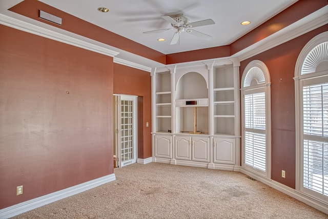spare room with recessed lighting, baseboards, light colored carpet, and ceiling fan