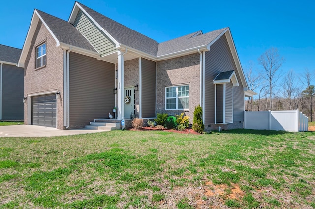 view of front of house featuring concrete driveway, fence, an attached garage, a front yard, and brick siding