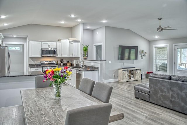 dining room featuring lofted ceiling, light wood-type flooring, a ceiling fan, and plenty of natural light