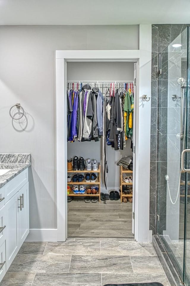 interior space featuring a stall shower, wood tiled floor, vanity, and a spacious closet