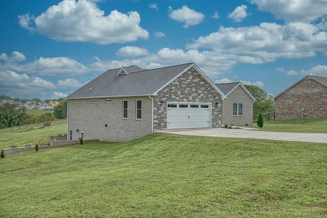 view of front of home with stone siding, a garage, concrete driveway, and a front yard