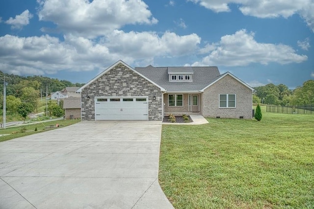 view of front of house with concrete driveway, fence, a front lawn, crawl space, and a garage