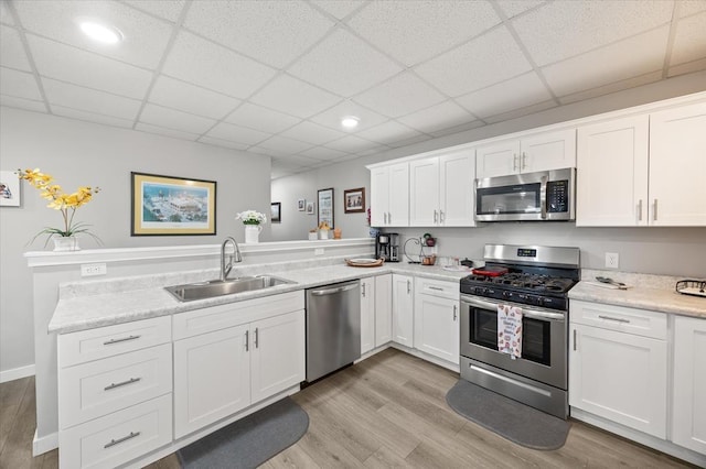 kitchen with light wood-type flooring, light countertops, a sink, and stainless steel appliances