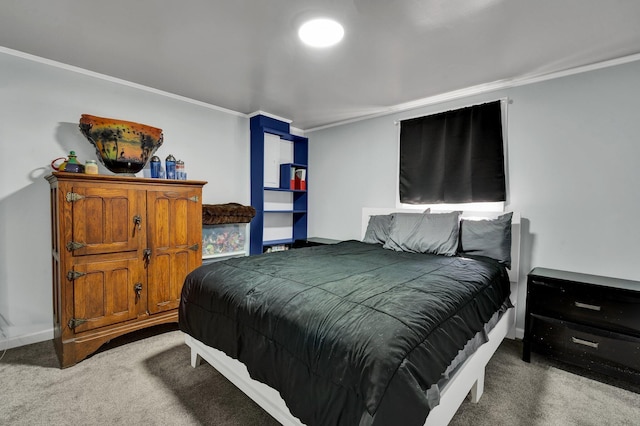 carpeted bedroom with baseboards and crown molding
