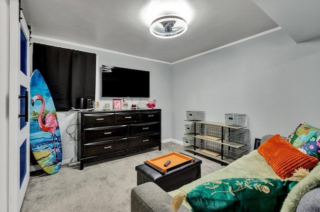 carpeted living room with baseboards and ornamental molding