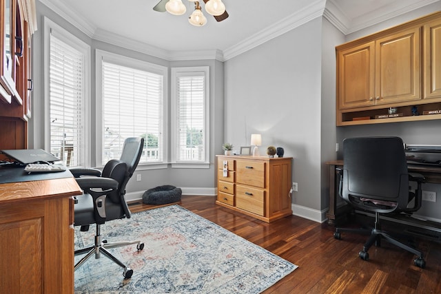office with baseboards, an inviting chandelier, ornamental molding, and dark wood-type flooring