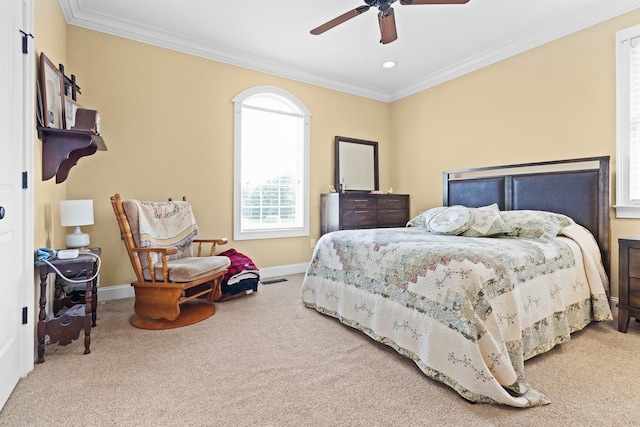 bedroom with recessed lighting, ornamental molding, baseboards, carpet floors, and ceiling fan