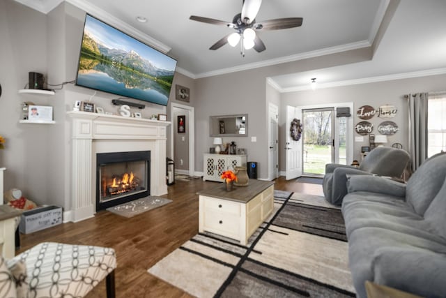 living area featuring ornamental molding, a fireplace with flush hearth, dark wood-type flooring, baseboards, and ceiling fan