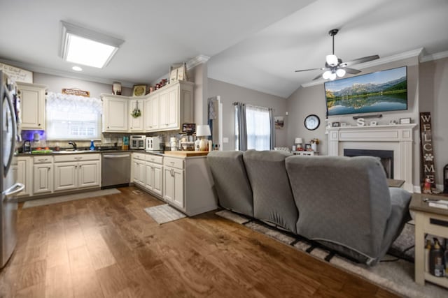 kitchen with open floor plan, tasteful backsplash, dark wood-style flooring, a sink, and appliances with stainless steel finishes