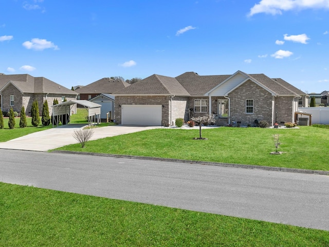 ranch-style house with brick siding, concrete driveway, a garage, and a front lawn