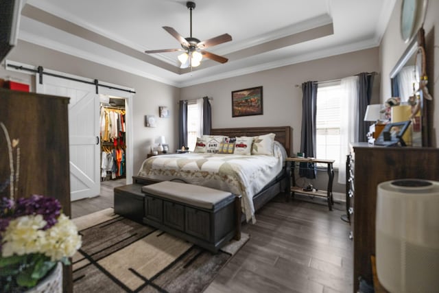 bedroom featuring crown molding, wood finished floors, a barn door, a tray ceiling, and a spacious closet
