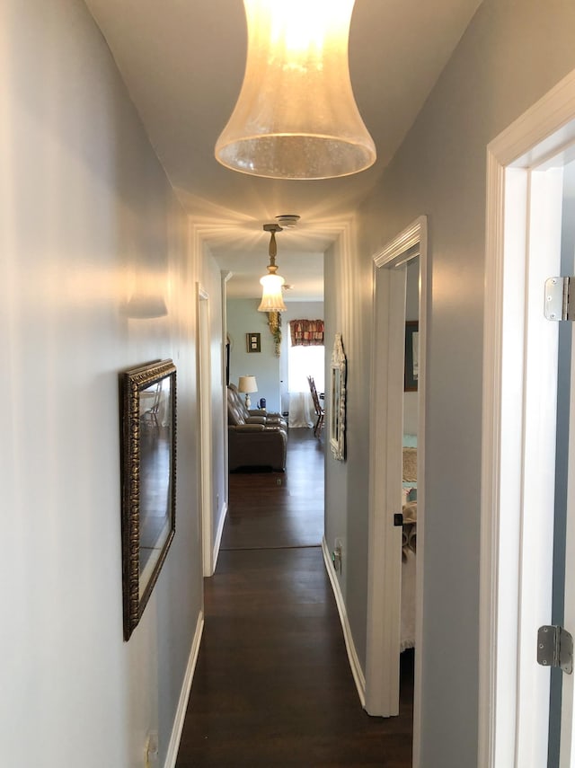 corridor with baseboards and dark wood-type flooring
