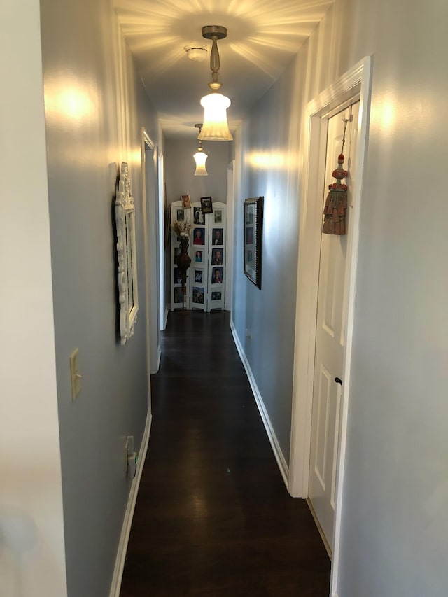hallway with baseboards and dark wood-style floors