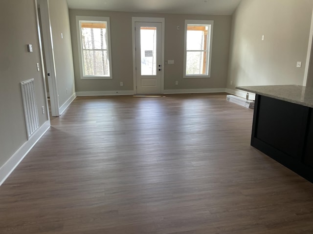 unfurnished living room with dark wood-type flooring, visible vents, and baseboards