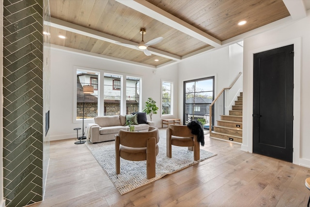 2510 Vaulx Ln, Nashville, TN 37204 - living area with light wood-style floors, beamed ceiling, a ceiling fan, stairway, and wooden ceiling
