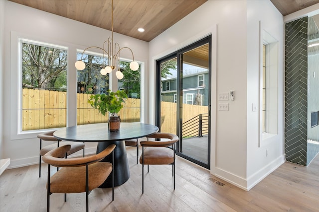 2510 Vaulx Ln, Nashville, TN 37204 - dining room with light wood-style floors, visible vents, a chandelier, wooden ceiling, and baseboards