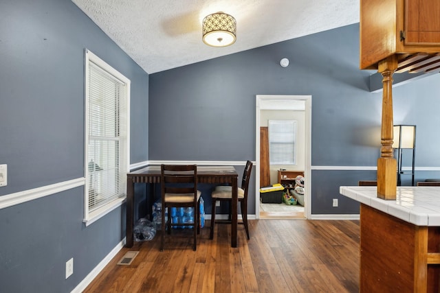 4825 Peppertree Dr, Antioch, TN 37013 - dining room featuring visible vents, dark wood-type flooring, lofted ceiling, and a wealth of natural light