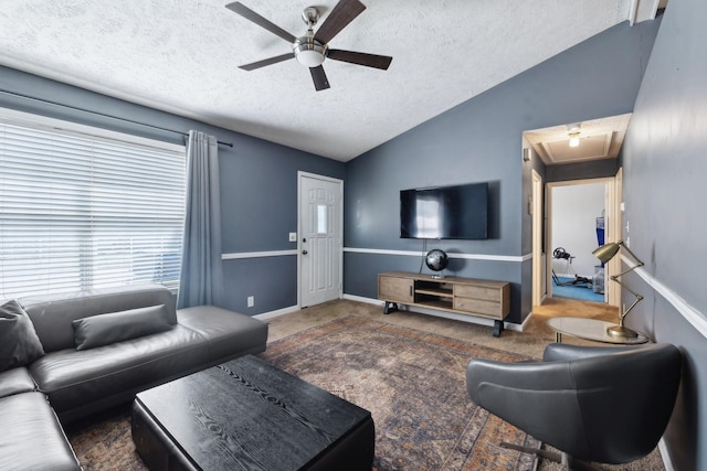 4825 Peppertree Dr, Antioch, TN 37013 - living room with carpet floors, attic access, a textured ceiling, lofted ceiling, and ceiling fan