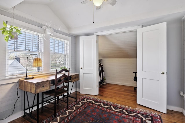 3617 Meadowbrook Ave, Nashville, TN 37205 - office area featuring wood finished floors, baseboards, ceiling fan, and lofted ceiling