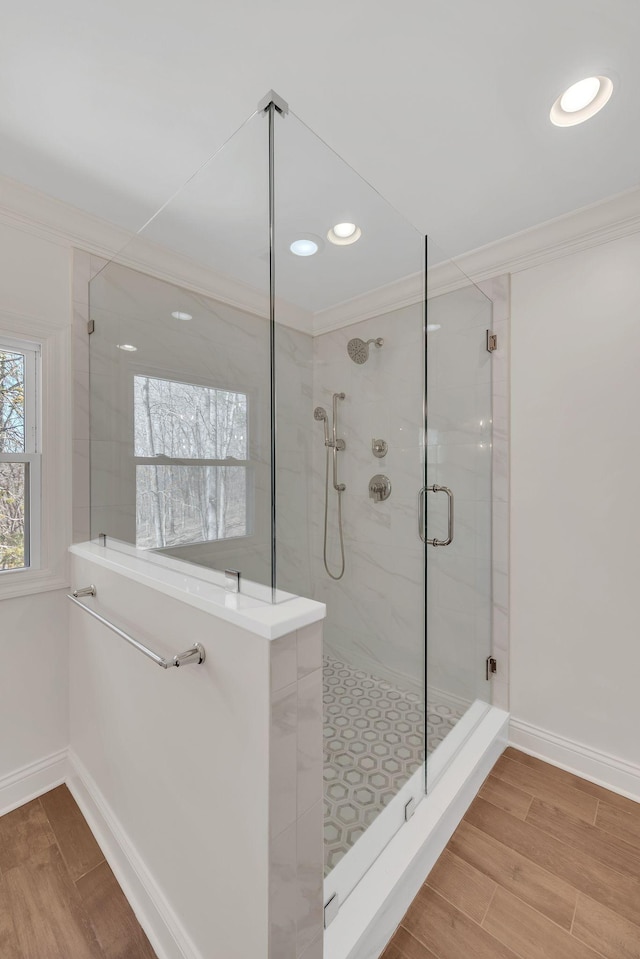 1237 Temple Ridge Dr, Nashville, TN 37221 - full bath featuring baseboards, ornamental molding, wood finished floors, and a stall shower
