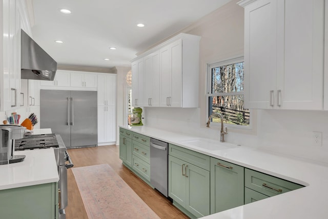 1237 Temple Ridge Dr, Nashville, TN 37221 - kitchen featuring green cabinets, a sink, white cabinets, premium appliances, and ventilation hood