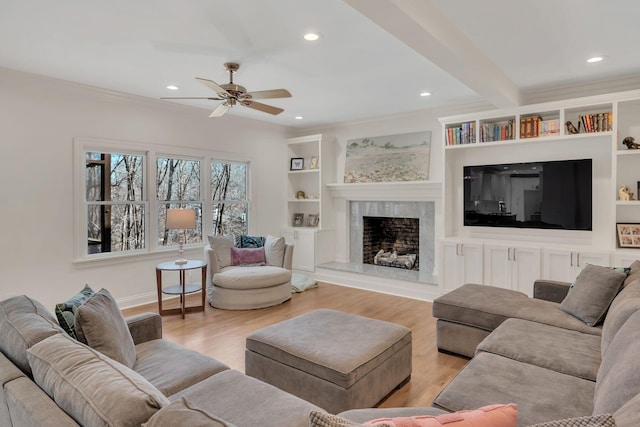 1237 Temple Ridge Dr, Nashville, TN 37221 - living room featuring light wood-style flooring, recessed lighting, a ceiling fan, and beam ceiling