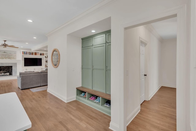 1237 Temple Ridge Dr, Nashville, TN 37221 - corridor with baseboards, light wood-type flooring, crown molding, and recessed lighting