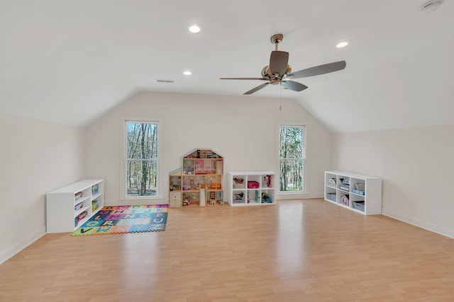 1237 Temple Ridge Dr, Nashville, TN 37221 - playroom featuring light wood-type flooring, visible vents, lofted ceiling, and ceiling fan
