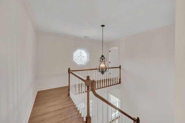 1237 Temple Ridge Dr, Nashville, TN 37221 - stairway featuring crown molding, wood finished floors, baseboards, visible vents, and an inviting chandelier