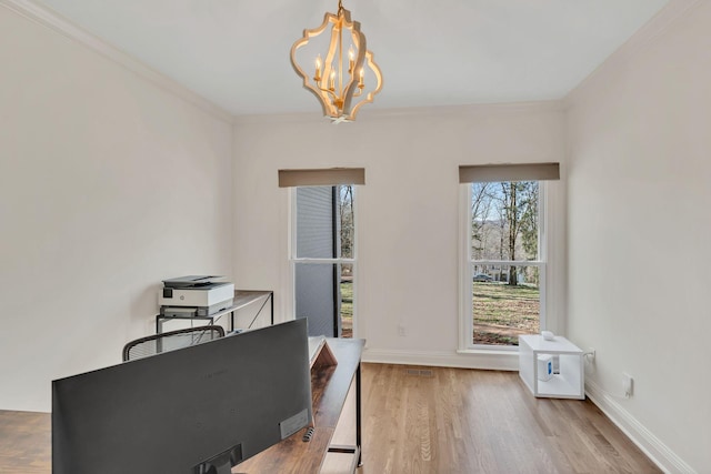 1237 Temple Ridge Dr, Nashville, TN 37221 - office area featuring baseboards, ornamental molding, wood finished floors, and a chandelier