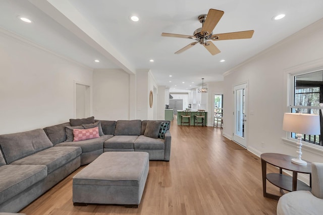 1237 Temple Ridge Dr, Nashville, TN 37221 - living area featuring crown molding, a ceiling fan, light wood-type flooring, baseboards, and recessed lighting