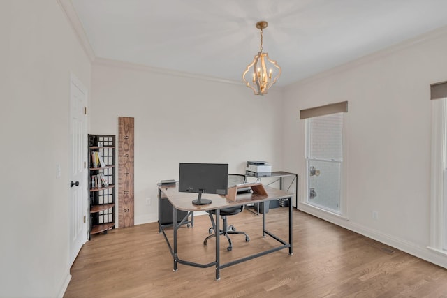 1237 Temple Ridge Dr, Nashville, TN 37221 - home office featuring baseboards, wood finished floors, an inviting chandelier, and crown molding