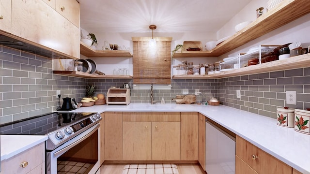 2235 Rock Springs Rd, Columbia, TN 38401 - kitchen with light countertops, a sink, open shelves, and electric stove