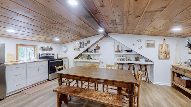 2235 Rock Springs Rd, Columbia, TN 38401 - dining space with light wood-style flooring, baseboards, recessed lighting, lofted ceiling, and wooden ceiling