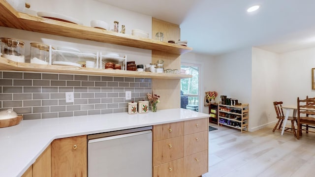 2235 Rock Springs Rd, Columbia, TN 38401 - kitchen with dishwasher, backsplash, open shelves, and light brown cabinetry
